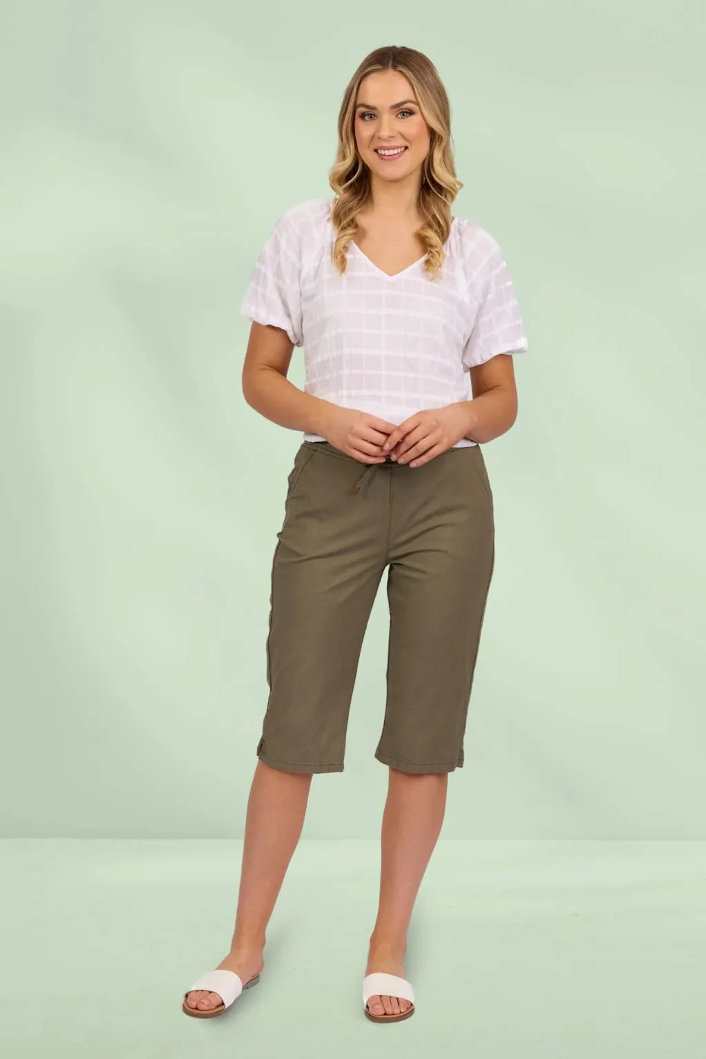 Vassalli Below Knee Slim Leg Elastic Waist Pants Army