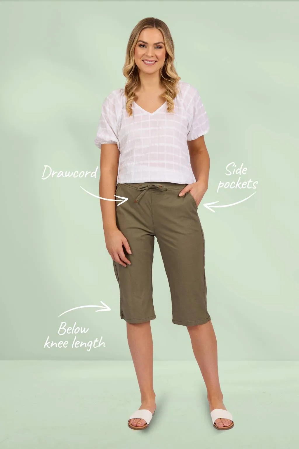 Vassalli Below Knee Slim Leg Elastic Waist Pants Army