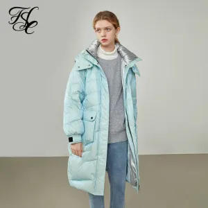 Women Mid-length Yellow Shiny Down Jackets Detachable Hat Design Decoration Bag Blue Winter Coat Thick Straight Coats