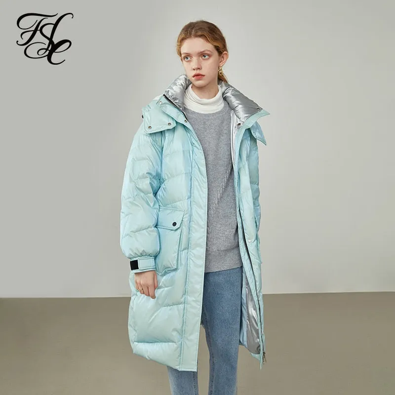 Women Mid-length Yellow Shiny Down Jackets Detachable Hat Design Decoration Bag Blue Winter Coat Thick Straight Coats