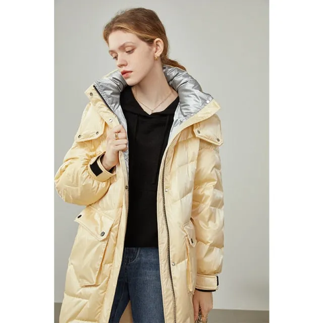 Women Mid-length Yellow Shiny Down Jackets Detachable Hat Design Decoration Bag Blue Winter Coat Thick Straight Coats