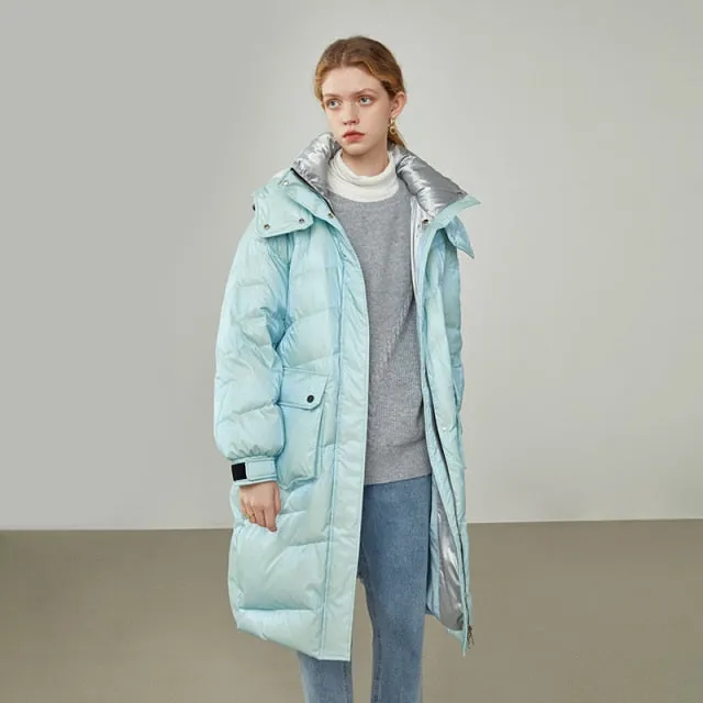 Women Mid-length Yellow Shiny Down Jackets Detachable Hat Design Decoration Bag Blue Winter Coat Thick Straight Coats