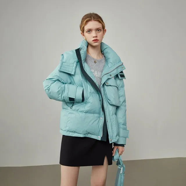 Women Three-dimensional Bag Tooling Hooded Blue Down Jacket  Winter New Thicken Warming Short Down Jackets