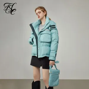 Women Three-dimensional Bag Tooling Hooded Blue Down Jacket  Winter New Thicken Warming Short Down Jackets
