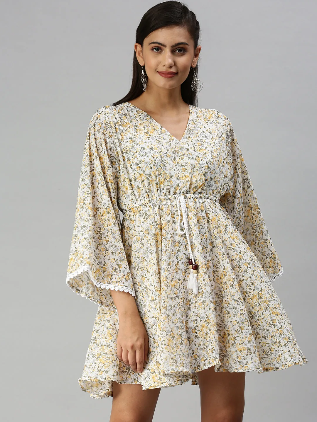 Women V-Neck Printed Kaftan White Dress