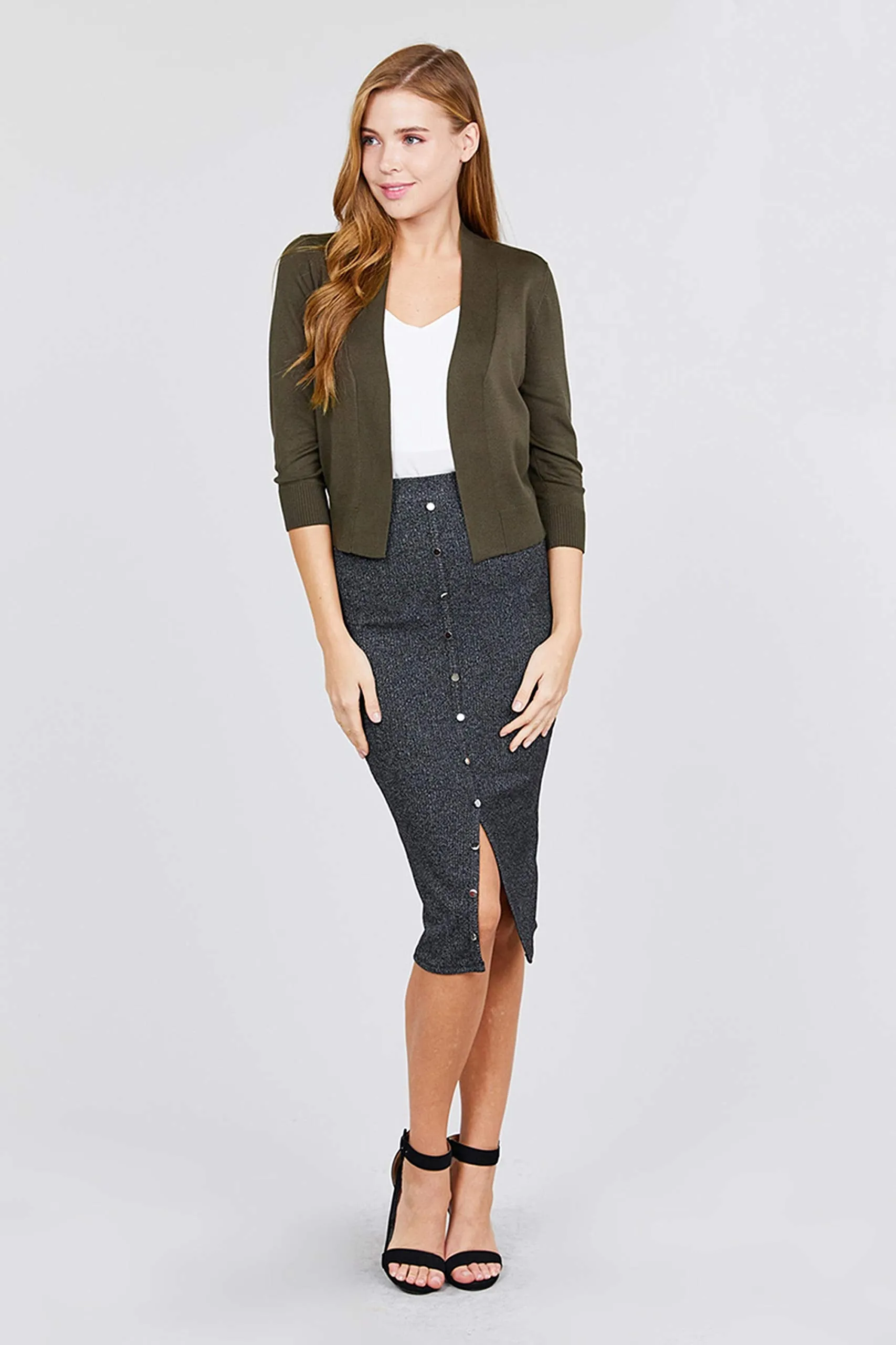 Women's Basic 3/4 Sleeve Open Front Crop Light Weight Sweater Cardigan