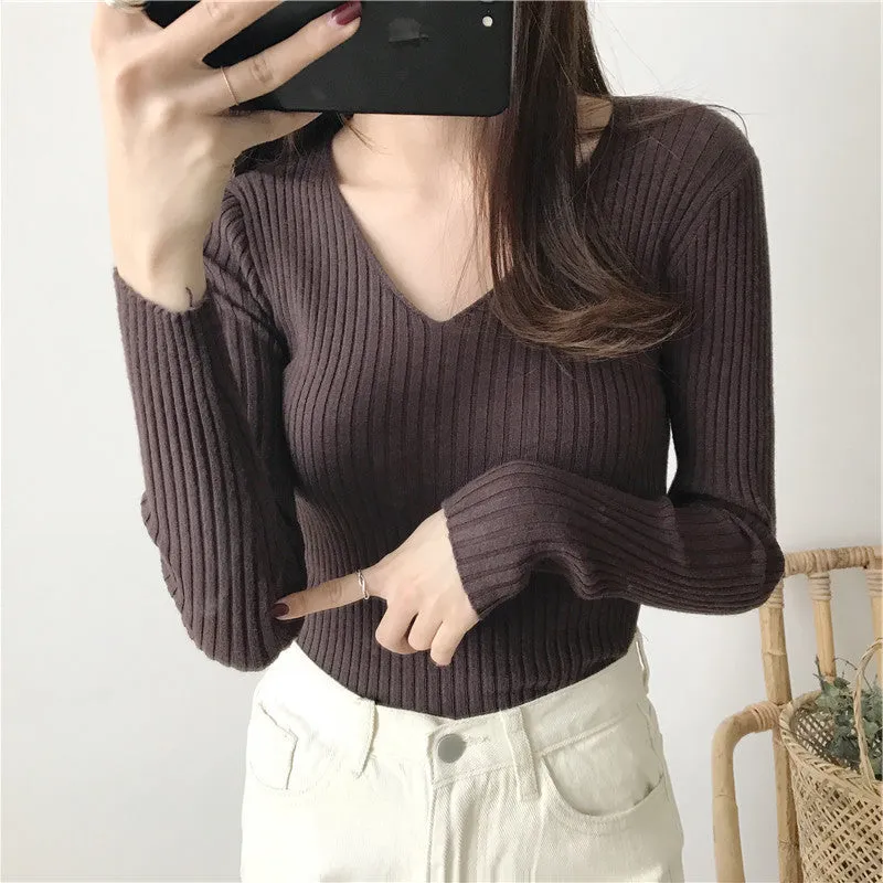 Yarn V-Neck Knitted Long Sleeved Slimming Tops Slim-Look Women Sweater