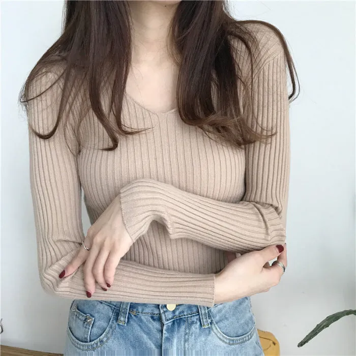 Yarn V-Neck Knitted Long Sleeved Slimming Tops Slim-Look Women Sweater