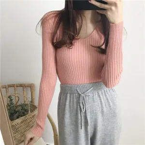 Yarn V-Neck Knitted Long Sleeved Slimming Tops Slim-Look Women Sweater